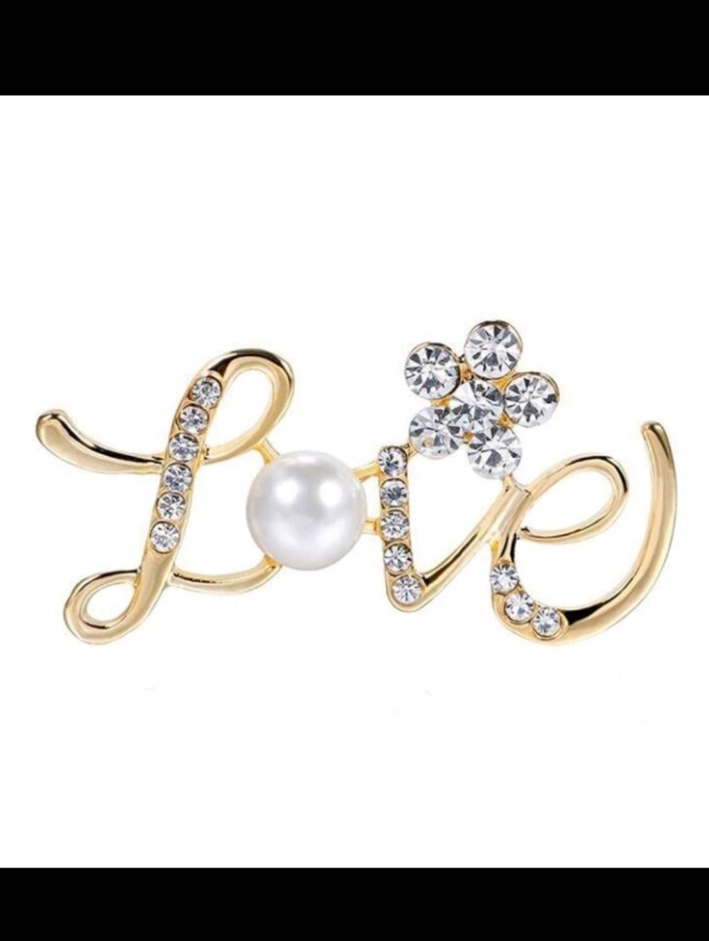 Golden 'Love' Script Rhinestone Faux Pearl Brooch Pin